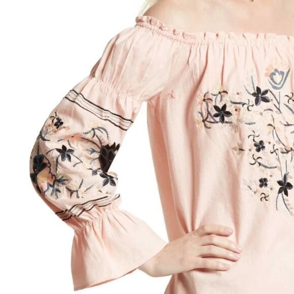 FREE PEOPLE Pink/Peach Fleur Du Jour Embroidered Cotton Shift Mini Dress Sz L - Picture 2 of 11